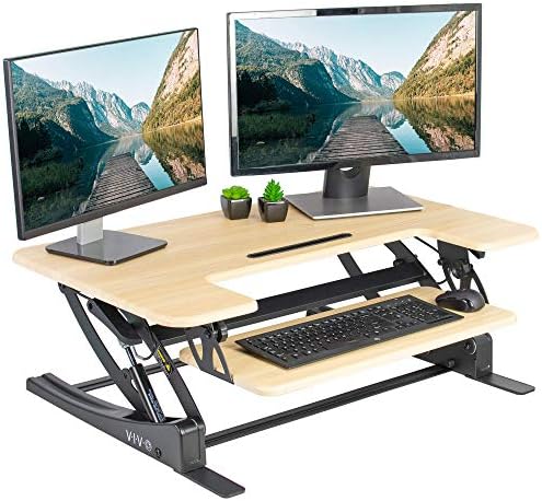 VIVO 36 inch Height Adjustable Stand Up Desk Converter, V Series, Quick Sit to Stand Tabletop Dual Monitor Riser Workstation, Light Wood Top, Black Frame, DESK-V000VO