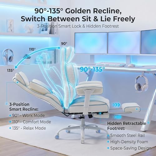Comfy Office Desk Chair, White‑Blue Aesthetic Chair with Footrest