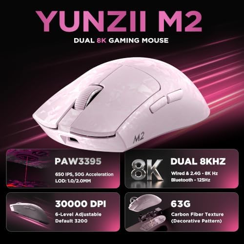 YUNZII M2 Dual 8K Wireless Gaming Mouse, PAW3395, 6-Level DPI(Pink)