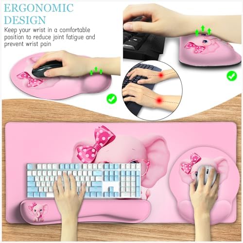 LIMKRIAN Elephant Mouse Pad Large Desk Mat Set, Kawaii Pink Desk Decor