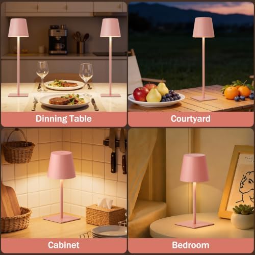 Kakanuo Pink Cordless Rechargeable Table Lamp, 2 Pack Portable Desk Lamp with 5000mAh Battery, Touch Control Stepless Dimming, Wireless Night Light for Dining, Outdoor Camping