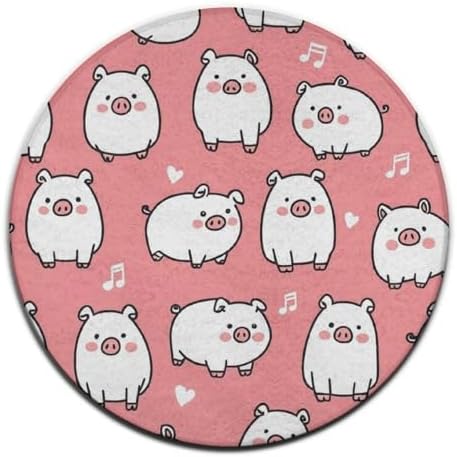 Large Home Decor Mat, Soft Round Yoga Carpet, Non Slip Machine Washable Kitchen Office Circle Rug Cute Pink Pig