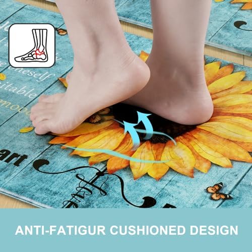 Likiyol Sunflower Kitchen Rugs Sets of 3 Kitchen Mats for Floor Anti Fatigue Mats for Kitchen Floor, Spring Floral Flower Non Slip Washable Standing Floor Mats, 18''x30''+18''x48''+18''x60''(Blue)