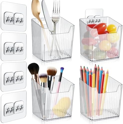 4 Pack Acrylic Wall Mount Organizer, Adhesive Cabinet Door Storage Bins, Clear Makeup Containers, Stackable Organizer Basket for Kitchen, Bathroom, Cabinet, Pantry, Office