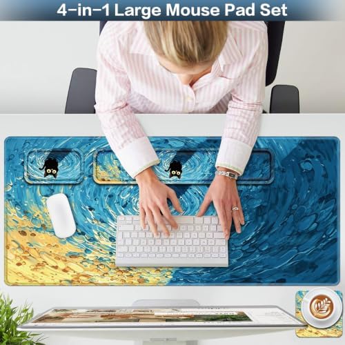 Desk Mat, Large Gaming Mouse Pad with Wrist Rest, 4in1 XXL Mousepad+Keyboard Wrist Rest+Mouse Pad Wrist Support+Cup Coaster Set Ergonomic Computer Desk Arm Wrist for Decor Home Office Women