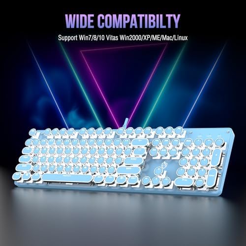Typewriter Mechanical Gaming Keyboard with White Light Backlit Red Switches, 104 Keys Retro Round Keycap, Wired Typewriter Style Comfortable Typing Soud (Blue)