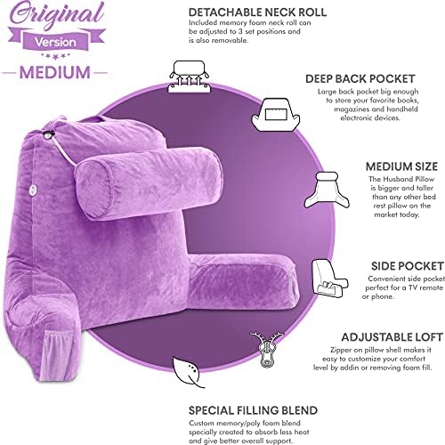 Husband Pillow Medium Reading Pillow with Arms - 23" Backrest for Sitting Up in Bed - Firm Support Bed Rest Pillow for Adults, Neck Roll, Removable Cover - TV, Reading, Lounging - Light Purple