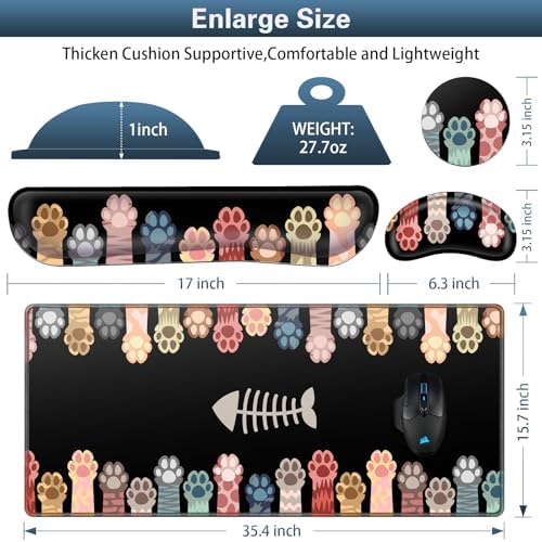Canjoy Desk Mat with Wrist Rest, Anime Cat Paws Keyboard and Mouse Pad