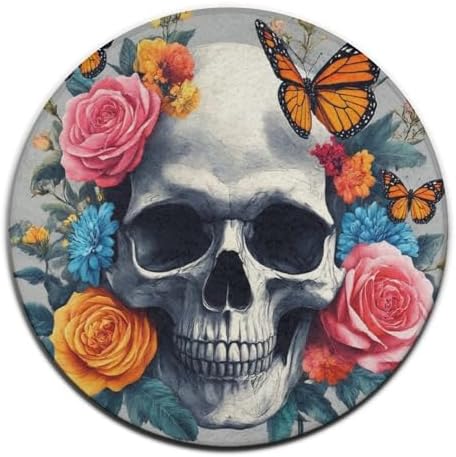 Large Home Decor Mat, Soft Round Yoga Carpet, Non Slip Machine Washable Kitchen Office Circle Rug Flower Sugar Skull
