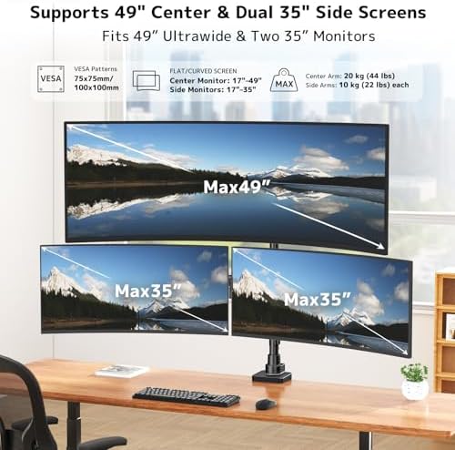 Triple Monitor Mount up to 49 inches, Fully Adjustable Heavy Duty 3 Monitor Arm with Gas Spring, Desk Mount for 3 Screens, C-Clamp & Grommet Base, Holds 44 lbs, Black