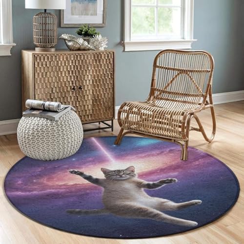 Women's Large Home Decor Mat, Soft Round Yoga Carpet, Non Slip Machine Washable Home Office Circle Rug Funny Space Cat