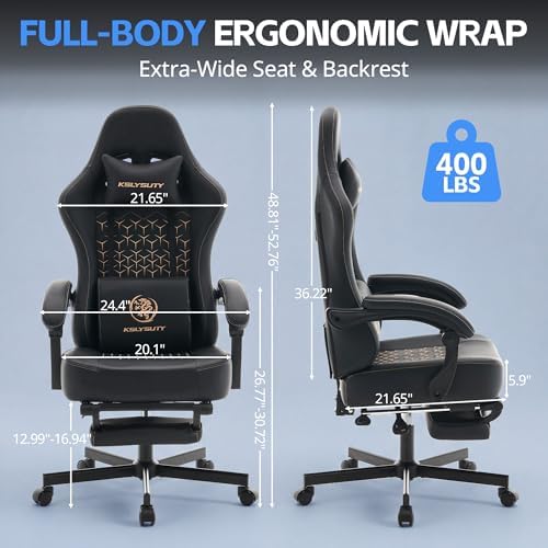 Gaming Chair Breathable Leather with Pocket Spring Cushion, Wide and High Ergonomic Office Chair with Headrest, Computer Gaming Chair with Footrest for Adult and Teen (Black)