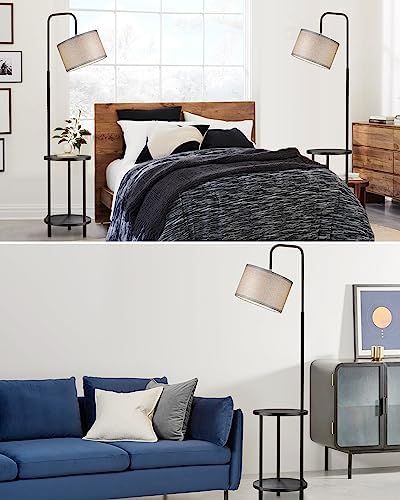 ELYONA Modern Floor Lamp for Living Room, Solid Wood Side Table Lamp with Grey Fabric Drum Shade, 3-Color Temperatures End Table Standing Light for Bedroom, Living Room, LED Bulb Included, Matte Black