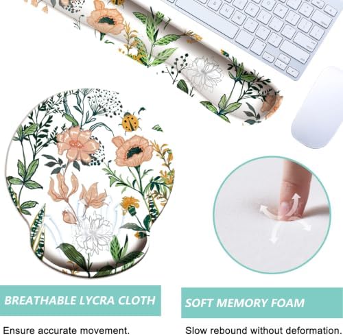 Keyboard Wrist Rest Pad Mouse Pad with Wrist Support Set of 3, Mousepad with Non-Slip Rubber Base, Ergonomic Memory Foam Mouse Wrist Cushion Support for Home Office Laptop Computer, Flower White