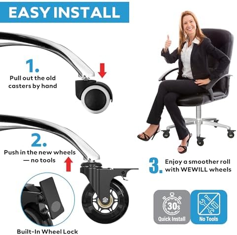 WEWILL Office Chair Wheels - Rubber Casters Replacement Universal Fit 98% Chair(Set of 5) Heavy Duty 3 Inch Smoothly & Quietly Safe for All Floor, Hardwood, Tile, Carpet, Noise Free - Glossy Black