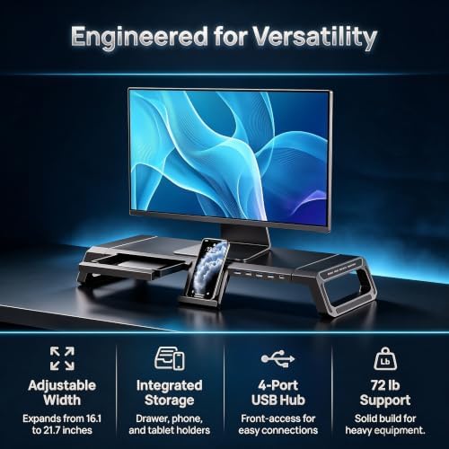 Computer Monitor Stand Riser with Storage Drawer, USB Hub, RGB