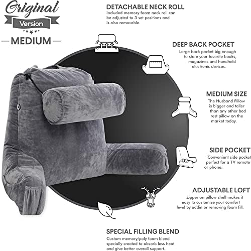 Husband Pillow Medium Reading Pillow with Arms - 23" Backrest for Sitting Up in Bed - Firm Support Bed Rest Pillow for Adults, Neck Roll, Removable Cover - TV, Reading, Lounging - Dark Grey
