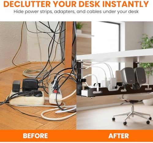 17'' Super Sturdy Cable Tray Under Desk Cord Organizer Standing Desk Cable Management System Large Power Strip Holder Cord Basket With Clamp for Wire Management Rack Office, Home, No Drill & Damage