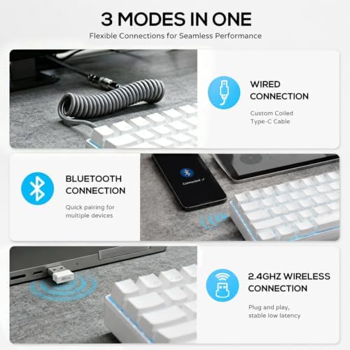 RK ROYAL KLUDGE RK61 Wireless Mechanical Keyboard with Coiled Cable, White