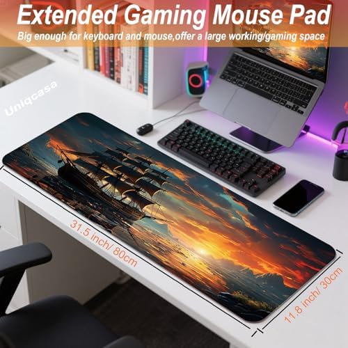 Gaming Mouse Pad 31.5x11.8 inch XL Large Extended Mouse Pad, Big Mousepad Desk Mat for Computer with Non-Slip Rubber Base and Stitched Edge-Sailboat