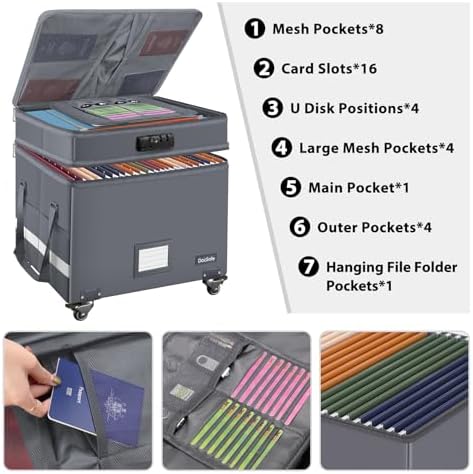 DocSafe Fireproof Document Box with Lock,2-Layer File Box with Wheels,Collapsible File Storage Organizer with Pockets,Large Portable Office Filing Cabinet for Hanging Folders,Gray,16''x13.8''x12.2''