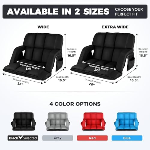 Stadium Seats with Back Support Wide, 4.7" Padded Bleacher Seat, 6-Position Reclining Bleacher Chairs with Back and Cushion, Sofa Style Ergonomic Design for Sports Games Baseball Football (22.5"Black)