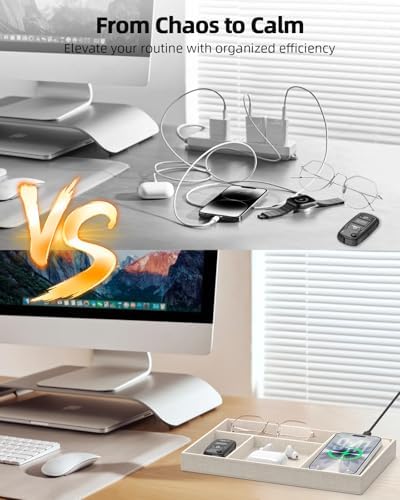 Valet Tray with Wireless Charger, Nightstand Organizer & Catchall Tray for Phone, Keys, Glasses and Accessories, Premium Linen, Stylish Desk & Bedside Storage Station