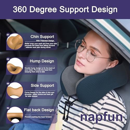 napfun Neck Pillow for Travel, Memory Foam Airplane Pillow, Deep Blue