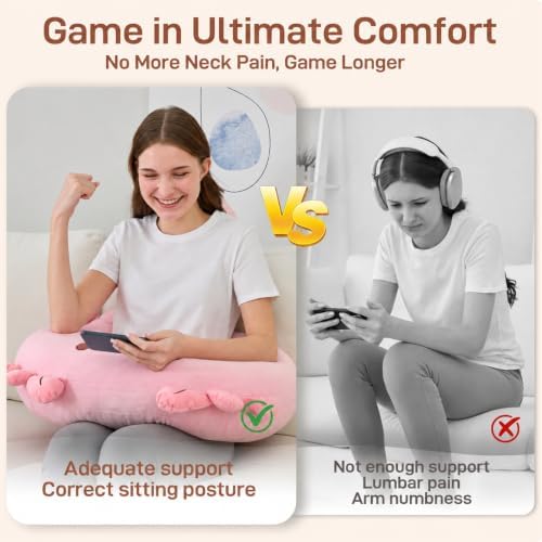 Cute Gaming Pillow for Lap - Plush Reading & Crocheting Pillow for Sitting in Bed, Soft Arm Support Cushion for Tablet/iPad, Kawaii Room Decor Gift Teen Girls & Pink Axolotl Lovers