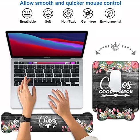 Keyboard Wrist Rest & Mouse Pad Wrist Support Set, Chaos Coordinator Quotes Colored Floral Wreath Print Design Non-Slip Rubber PU Base for Home Office Working Studying Easy Typing & Pain Relief