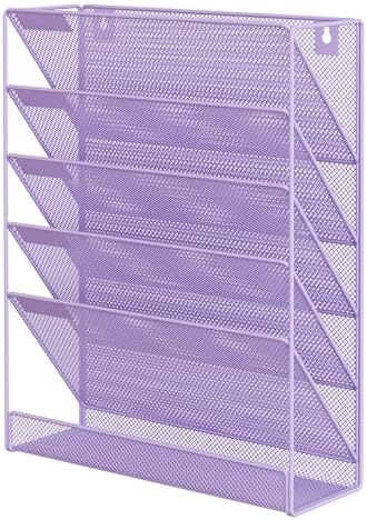 EasyPAG 5 Tier Wall File Holder, Mesh Hanging Folder Organizer with Classify Label, Versatile Desk File Holder, Vertical Wall Mounted Mail Organizer for Office Home Cubicle, Purple