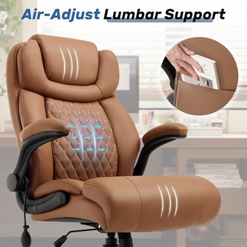 500LBS Big and Tall Executive Office Chair with Adjustable Lumbar Support,Extra Wide Seat for Ergonomic Computer Desk Chair Flip-up Arm,Home Office Chair Spring Cushion Upgraded Metal Base, PU Brown