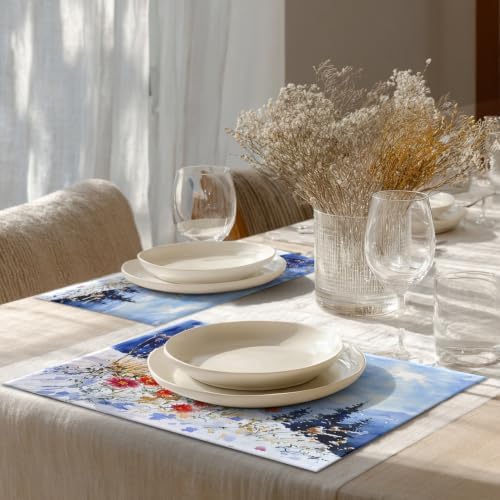 Shrahala Winter Flowers Landscape Set of 6 12 X 18 Inch Linen Placemats, Red Orange Watercolor Poppies Burlap Table Mat Washable Double Layered Heat Insulation for Indoor