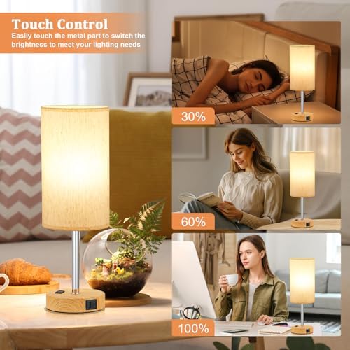 Touch Bedside Table Lamps Set of 2 - Bedroom Lamp with USB A+C, AC Outlet