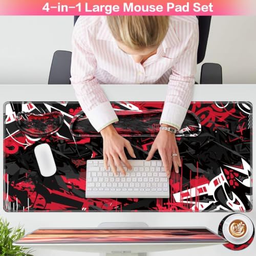 Desk Mat, Large Gaming Mouse Pad with Wrist Rest, 4in1 XXL Mousepad+Keyboard Wrist Rest+Mouse Pad Wrist Support+Cup Coaster Set Ergonomic Computer Desk Arm Wrist for Decor Home Office Women