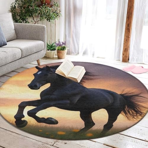 Soft Round Yoga Carpet, Large Home Decor Mat, Non Slip Machine Washable Kitchen Office Circle Rug 3D Horse Print