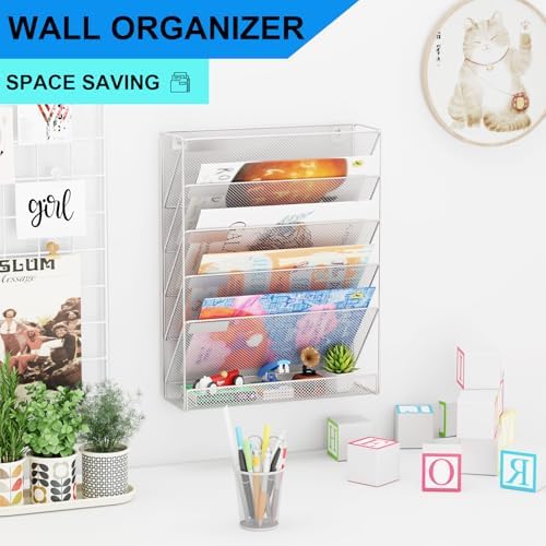 Wall File Organizer Holder Mesh Hanging Paper Document Holder, Vertical 6 Pocket Tier for Office Home, Silver