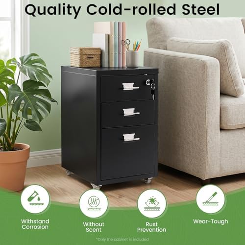 3 Drawer File Cabinet with Lock, Freestanding Filing Metal Drawers Organizer Vertical Metal Rolling Organizer Movable Under Desk Cabinet with Wheels for Home Office Living Room Study (3 Tiers Black)