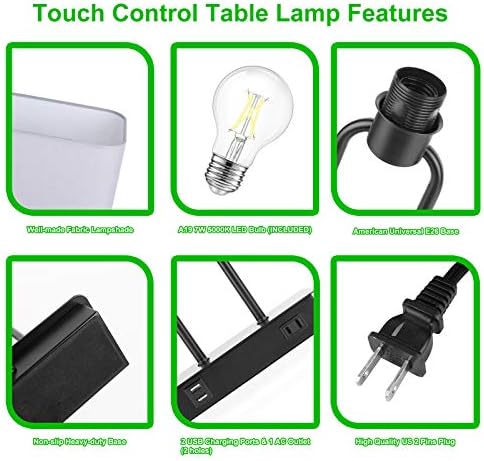 Lakumu Bedside Touch Control Table Lamps, 3 Way Dimmable Nightstand Lamp
