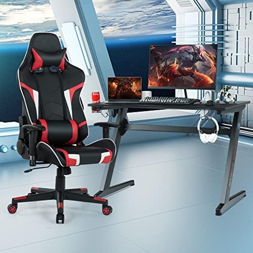 GYMAX Gaming Chair, Massage Gaming Chairs for Adults with Headrest, Lumbar Support & Armrest, Video Computer Reclining Gaming Chair, Office Desk Gamer Task Chair (Red Chair with Black Z-Shape Desk)