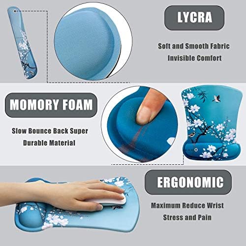 Ergonomic Memory Foam Keyboard Mouse Pad Set with Rest Wrist Cushion Support for Laptop/Notebook/Desktop/Computer/Gaming/Home/Office/Desk, Comfortable & Lightweight (Birds & White Flowers)