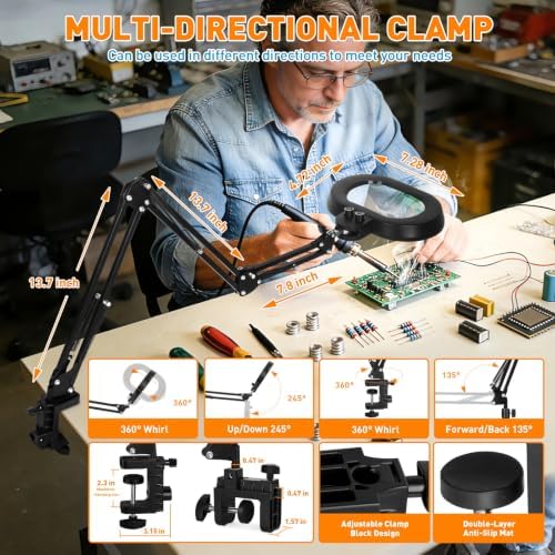 Magnifying Glass with Light and Clamp, 5in 12X Extended Arm