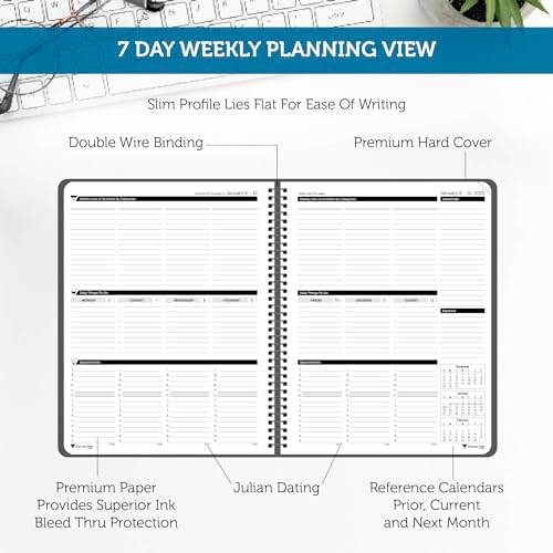Planner Pad Spiral Bound January-December 2025/ Calendar Year 8 1/2" x 11" Large 3-Tier Funnel Down 12 Month Organizer, Black Cover/Black Ink