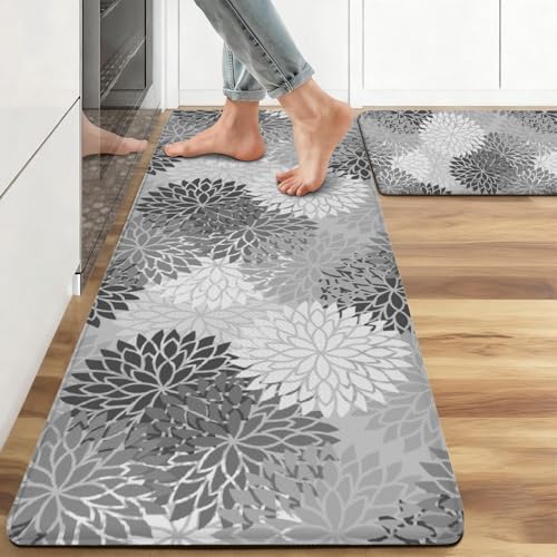 Boho Floral Anti Fatigue Kitchen Mats, 17.3"x47"+17.3"x29", Grey