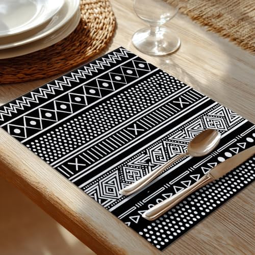 Shrahala Traditional African Geometric Placemats, Black and White Tribal Ethnic Table Mat Linen Burlap Washable Double-Deck Heat Insulation for Dining Table Kitchen Table Set of 6 (12 X 18 Inch)