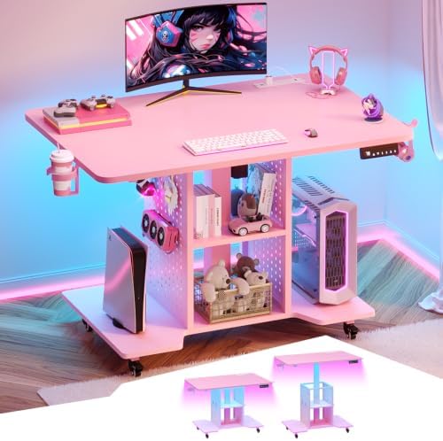 SEDETA Small Standing Gaming Desk, 31.5" Rolling Computer PC Desk Electric Height Adjustable with Power Outlet, Pegboard & Storage Shelves, LED Light, for Small Spaces/Bedroom/Gaming/Girl Room, Pink