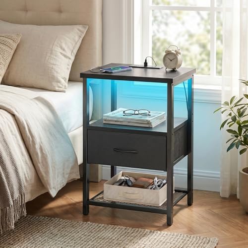 Fixwal Night Stand with Charging Station, Black Led Nightstand, 1 Drawer