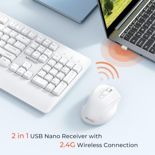 MEETION White Wireless Keyboard and Mouse Combo, Full-Size with Wrist Rest