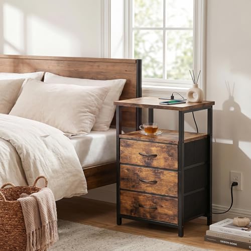 Fixwal Night Stand with Charging Station, 3 Fabric Drawers, Rustic Brown
