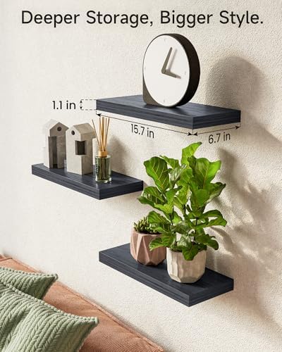 BAYKA Black Floating Shelves 15.7in, Set of 3, Wall Mount Rustic Wood Shelf